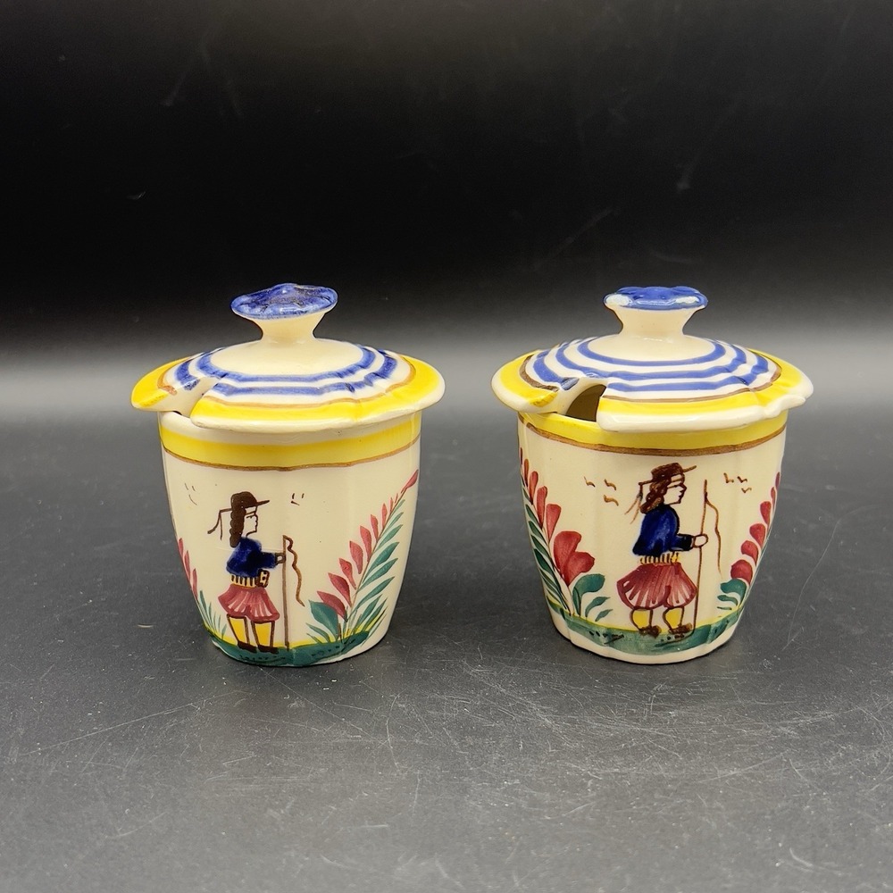 VTG Henriot HB Quimper Pottery 2 Jelly Jam Jars w/‎ Lid France Yellow Band 1900s